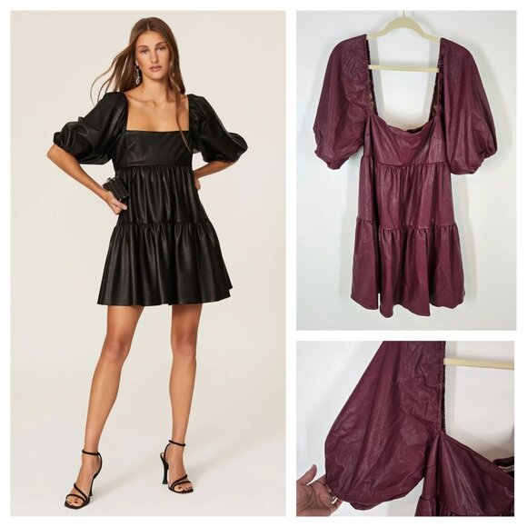 Amanda Uprichard Red Faux Leather Maisie Mini Dress Puff Sleeves Women's Medium - Picture 1 of 11
